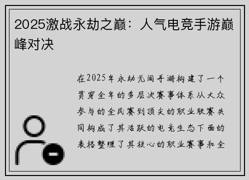 2025激战永劫之巅：人气电竞手游巅峰对决